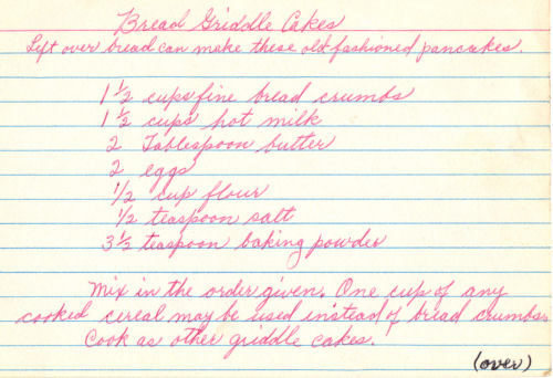 Handwritten Recipe For Bread Griddle Cakes