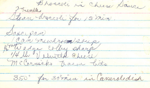 Handwritten Recipe Card For Broccoli And Cheese Sauce