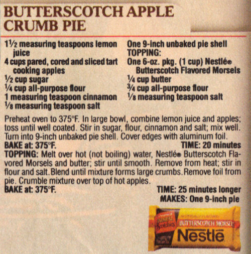 Recipe Clipping For Butterscotch Apple Crumb Pie