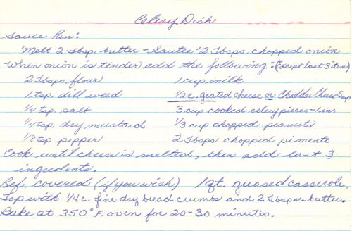 Handwritten Recipe Card For Celery Dish