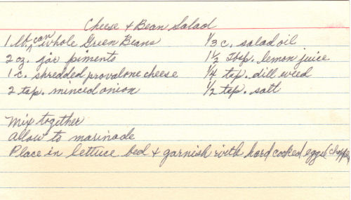 Handwritten Recipe Card For Cheese And Bean Salad