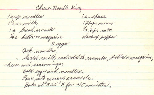 Handwritten Recipe For Cheese Noodle Ring