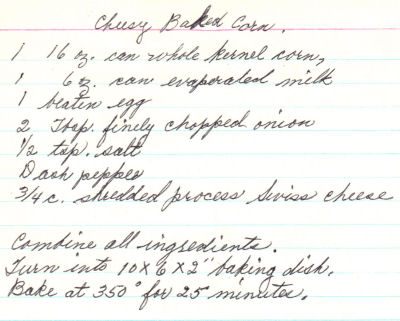 Handwritten Recipe For Cheesy Baked Corn