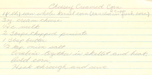 Handwritten Cheesey Cream Corn Recipe