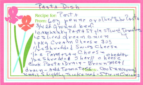Handwritten Recipe Card For Pasta Dish