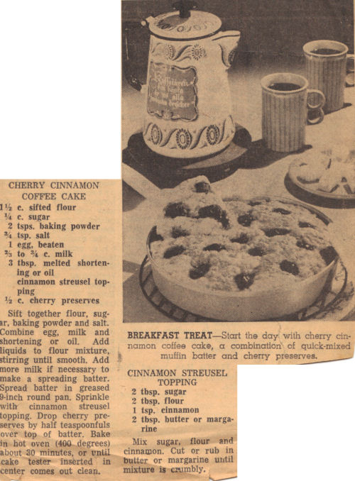 Vintage Recipe Clipping For Cherry Cinnamon Coffee Cake