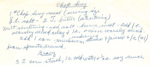 Handwritten Recipe For Chop Suey