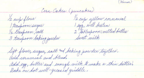 Handwritten Recipe For Corn Cakes