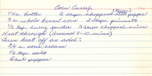Handwritten Corn Curry Recipe Card