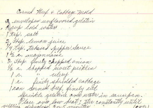 Handwritten Recipe For Corned Beef And Cabbage Mold