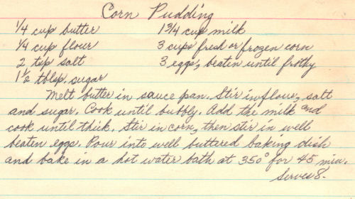 Handwritten Recipe For Corn Pudding