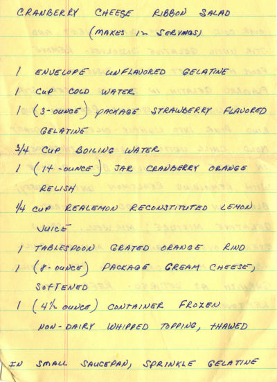 Handwritten Recipe For Cranberry Cheese Ribbon Salad