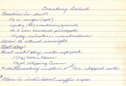 Handwritten Recipe Card For Cranberry And Cream Cheese Salad