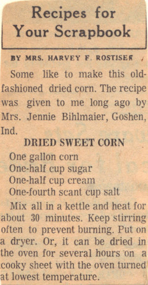 Vintage Recipe Clipping For Dried Sweet Corn