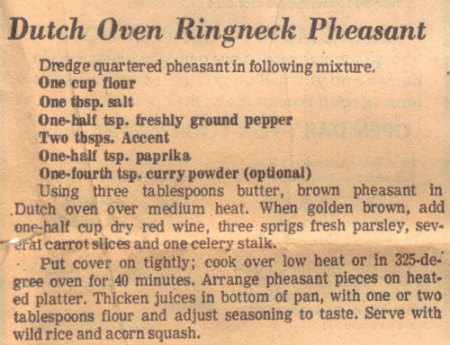 Recipe For Dutch Oven Ringneck Pheasant