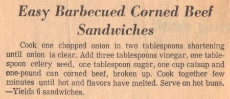 Barbecued Corned Beef Sandwiches - Recipe Clipping