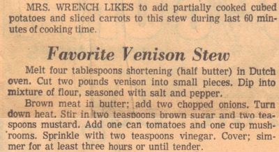Vintage Recipe Clipping For Venison Stew