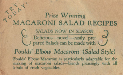 Vintage Recipe Sheet For Prize Winning Macaroni Salad