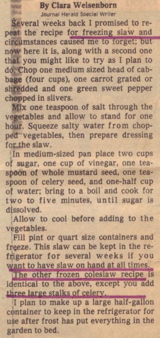 Vintage Clipping For Freezing Coleslaw