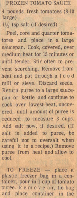 Frozen Tomato Sauce Recipe Clipping