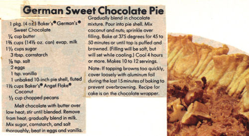 Vintage Recipe For German Sweet Chocolate Pie