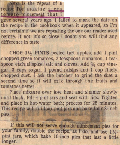 Recipe Clipping For Green Tomato Mincemeat
