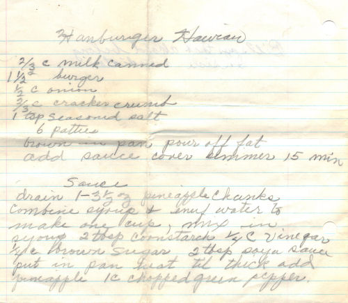 Handwritten Recipe For Hamburger Hawaiian