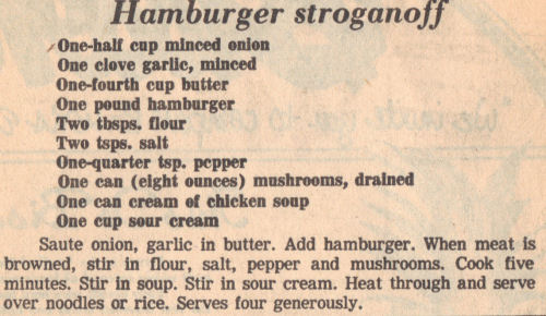 Recipe Clipping For Hamburger Stroganoff