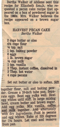 Recipe Clipping For Harvest Pecan Cake