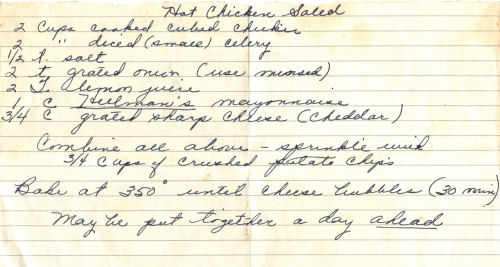Handwritten Recipe For Hot Chicken Salad