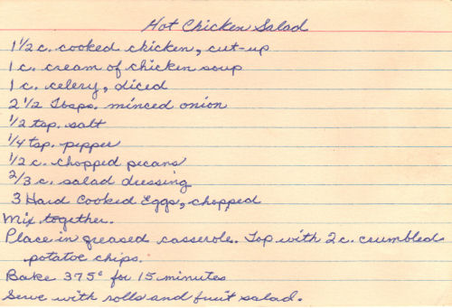 Handwritten Recipe Card For Hot Chicken Salad