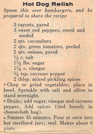 Vintage Recipe For Hot Dog Relish - Canning