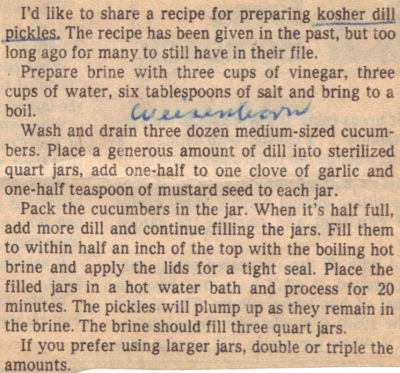 Recipe Clipping For Kosher Dill Pickles