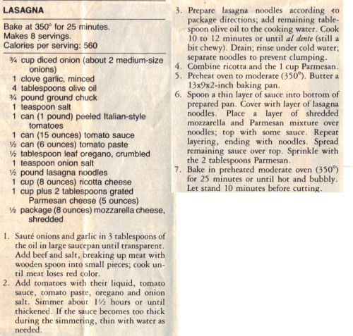 Lasagna Recipe Clipping