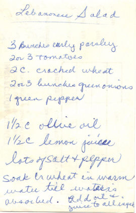 Handwritten Recipe Slip For Lebanese Salad