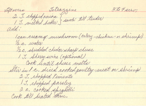 Handwritten Recipe For Leftovers Tetrazzine