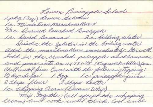 Handwritten Recipe Card For Lemon Pineapple Salad