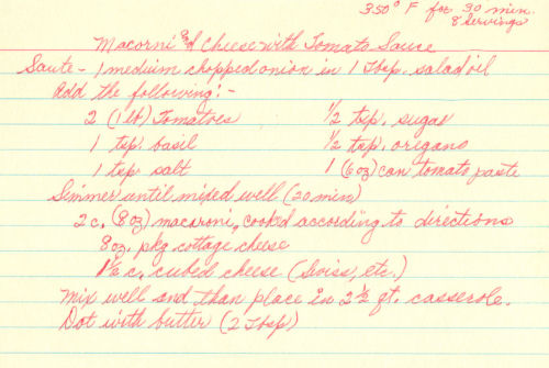 Handwritten Recipe For macaroni & Cheese With Tomato Sauce