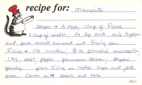 Handwritten Recipe Card For Manicotti Crepes