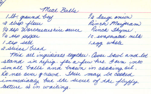 Handwritten Recipe Card For Meatballs