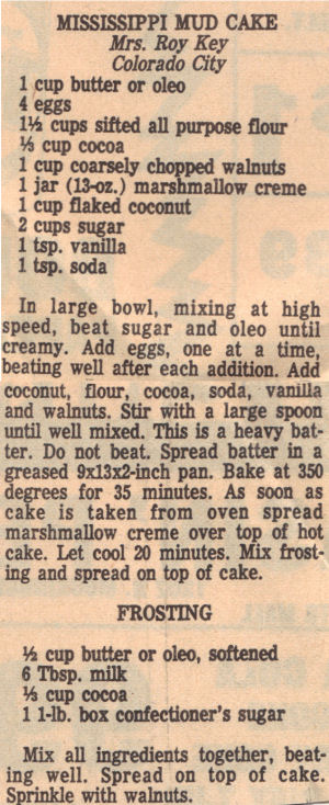 Recipe Clipping For Mississippi Mud Cake