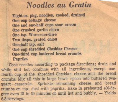 Vintage Recipe Clipping For Noodles au Gratin