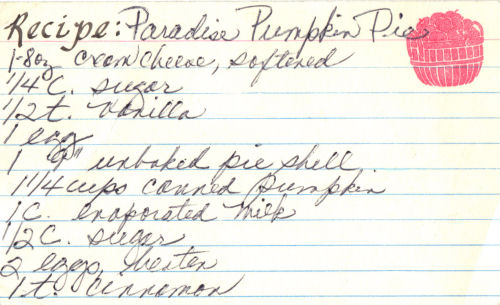 Handwritten Recipe For Paradise Pumpkin Pie