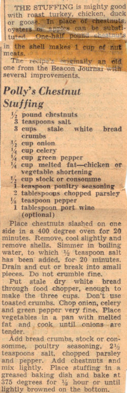 Vintage Recipe Clipping For Chestnut Stuffing