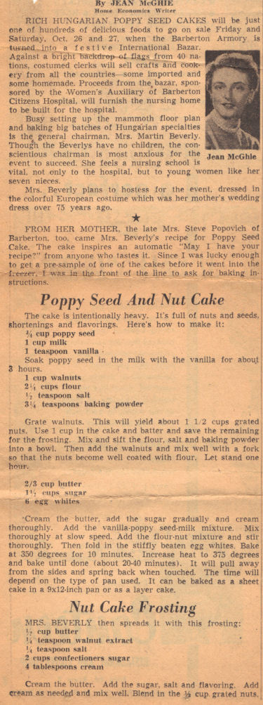 Vintage Recipe Clipping For Poppy Seed And Nut Cake