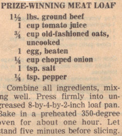 Recipe Clipping For Prize Winning Meatloaf