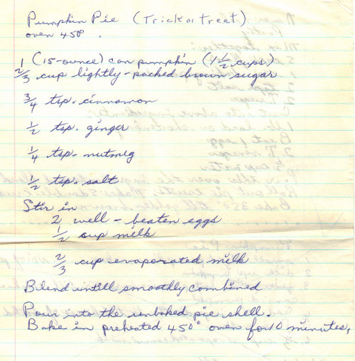 Handwritten Recipe For Pumpkin Pie
