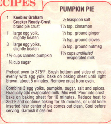 Recipe Clipping For Pumpkin Pie