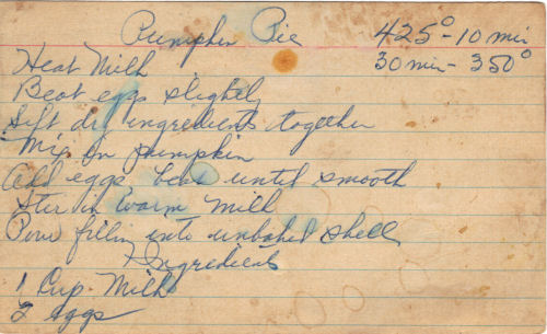 Vintage Recipe For Pumpkin Pie - Handwritten Card