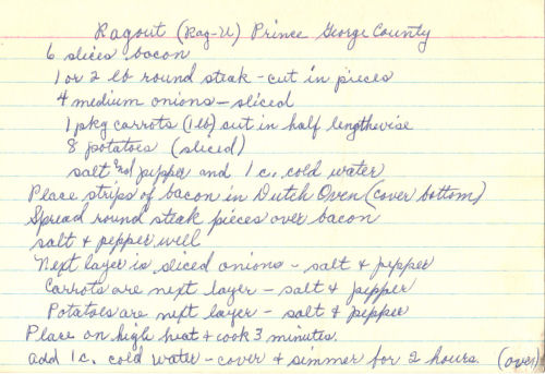 Handwritten Recipe For Dutch Oven Ragout